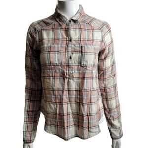 Hollister Womens Plaid Flannel Shirt Small Peach Blue White Metallic Thread